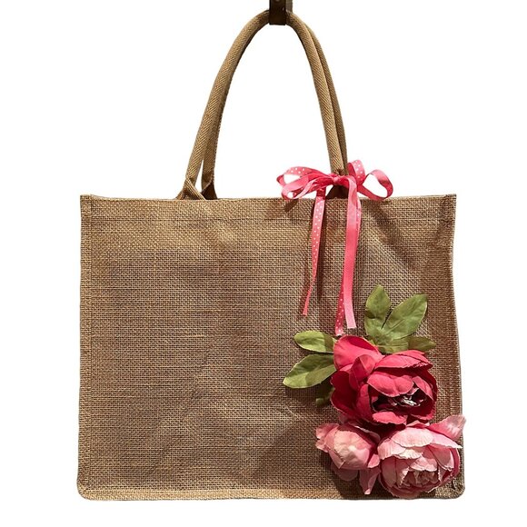 Hand Crafted Handbags - Large Jute Tote Bag Shopper with Roses & Ribbon